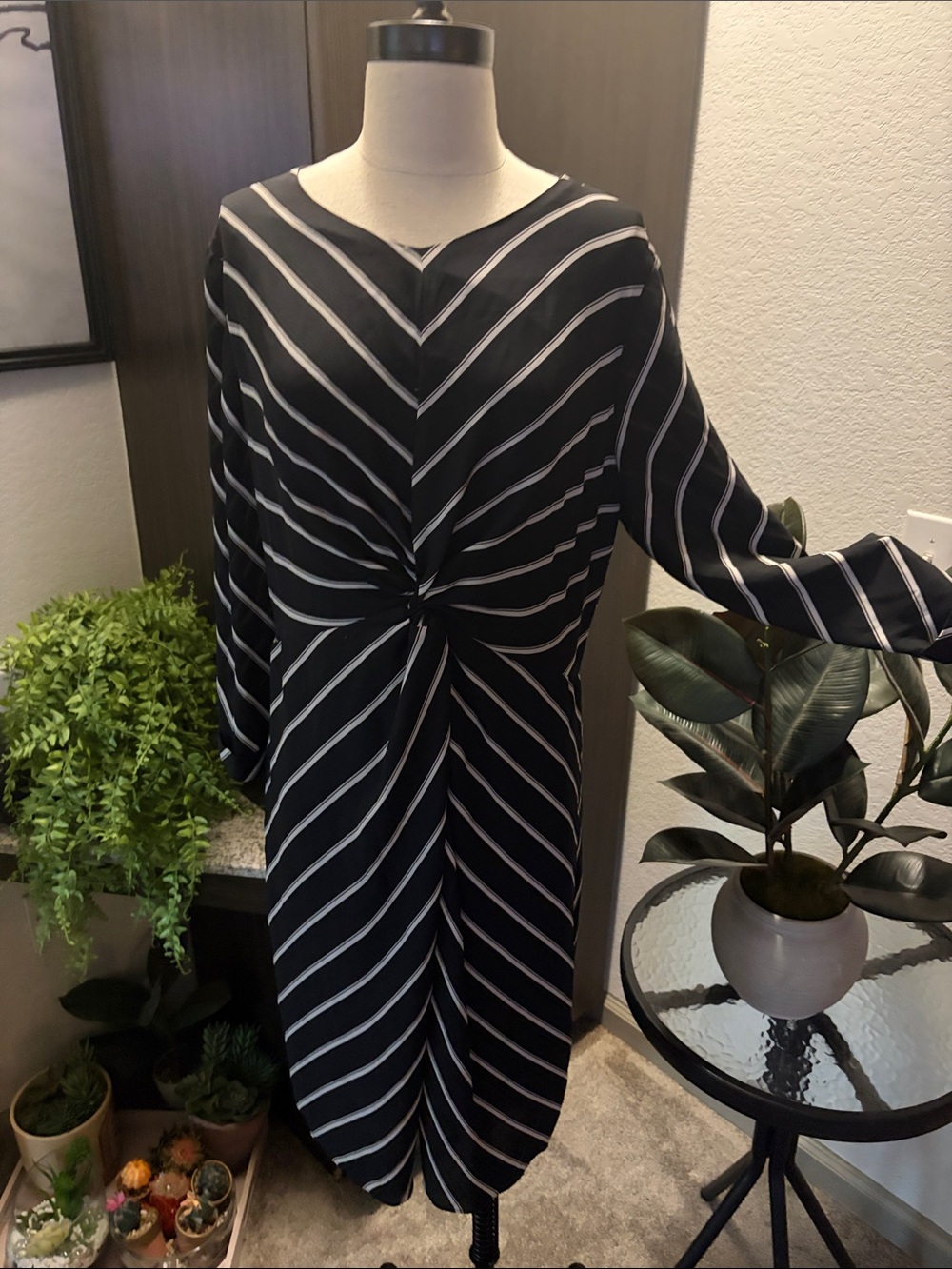 Worthington Black and White Twist-Front Stripe Midi Dress